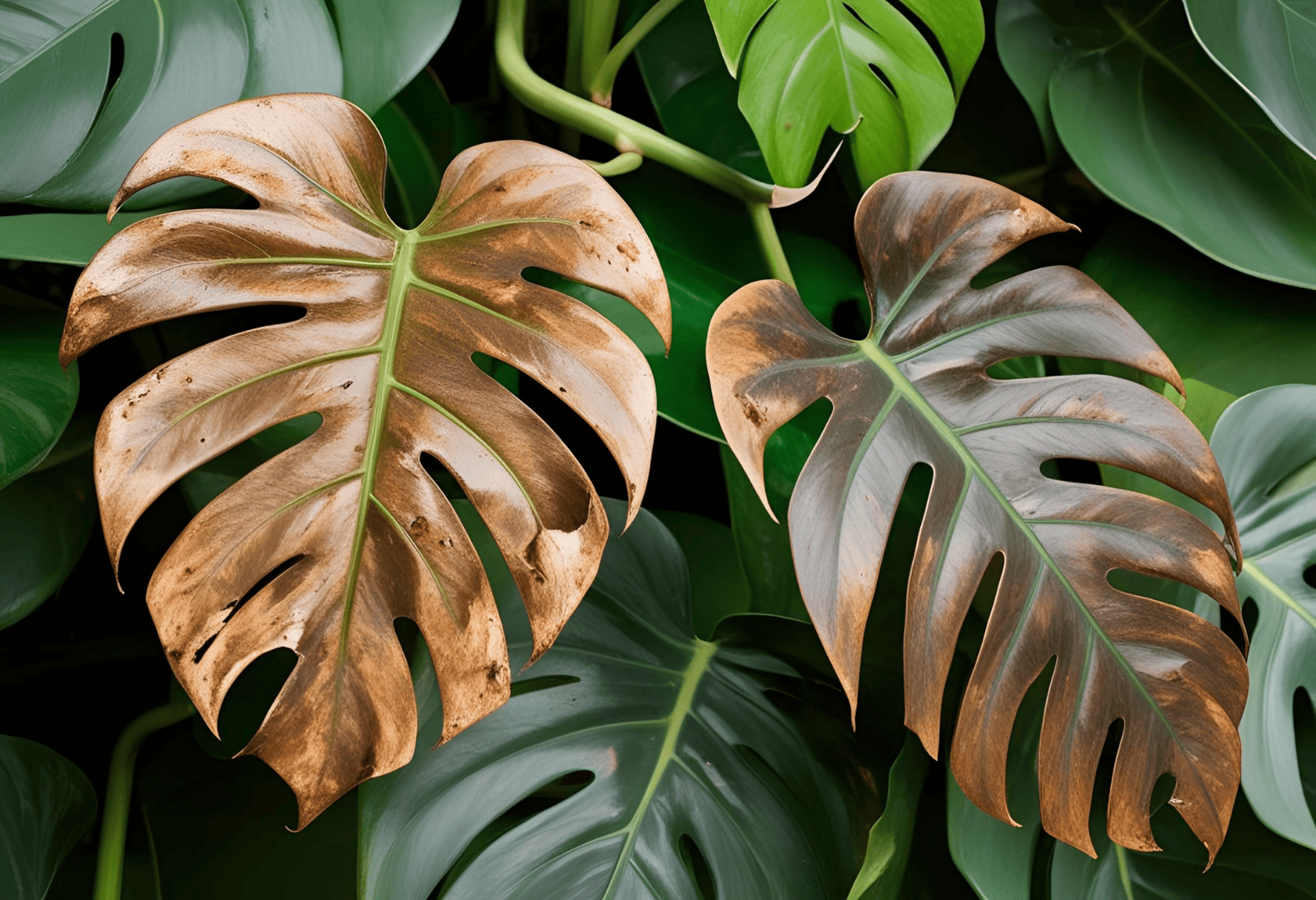 Outdoor Monstera Deliciosa Browning Leaves: Common Problems and How to Fix Them Monstera Deliciosa plant with brown leaves outdoors, indicating possible environmental stress.