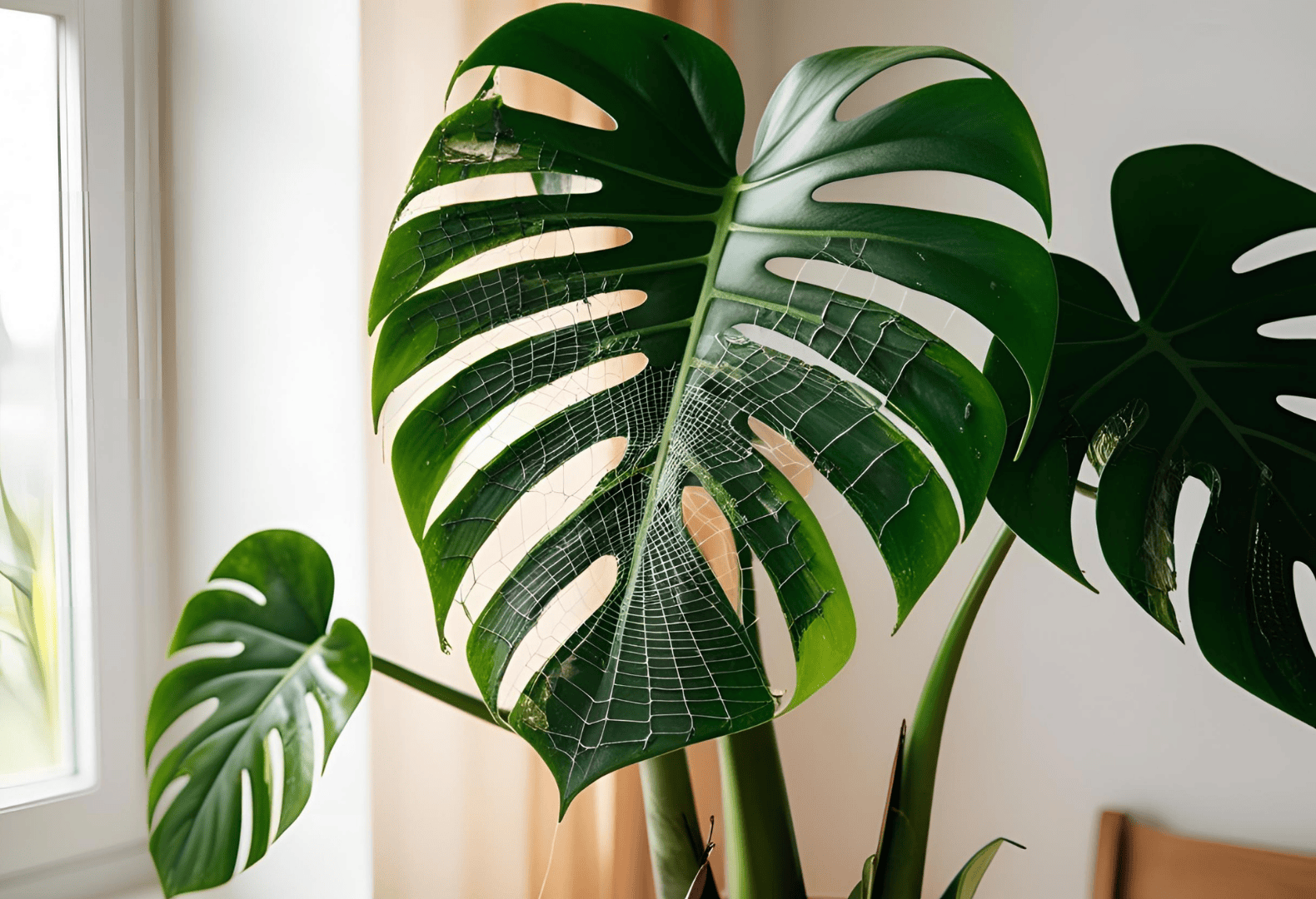 Spider Mites on Monstera Deliciosa: How to Identify and Treat Indoor Infestations Monstera Deliciosa plant indoors with visible spider mites infestation on the leaves.