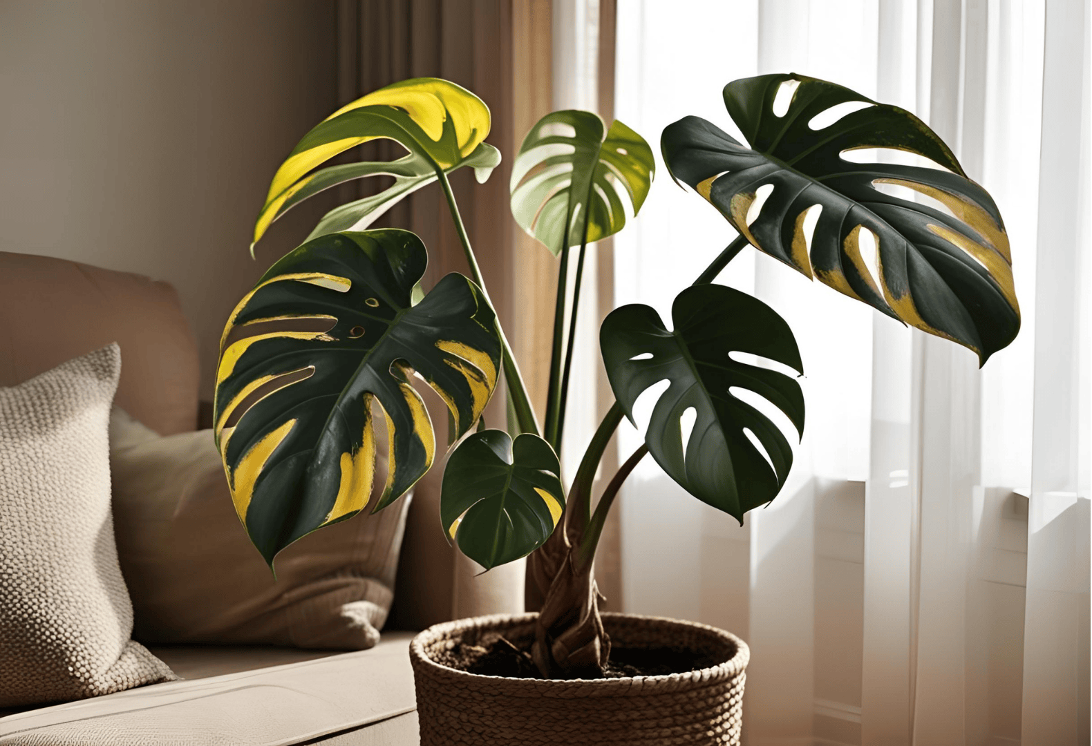 Monstera Deliciosa Yellowing Leaves in Indoor Environment: Causes and Solutions Indoor Monstera Deliciosa plant with yellowing leaves showing signs of stress.