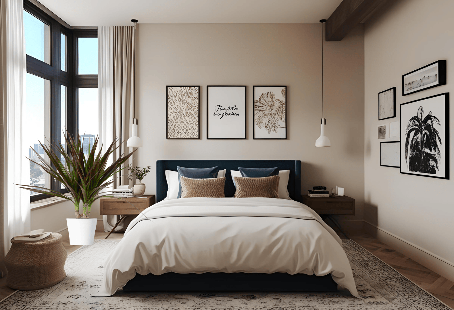 Serene Bedroom with Dracaena Marginata by the Window Dracaena Marginata plant near window in cozy bedroom
