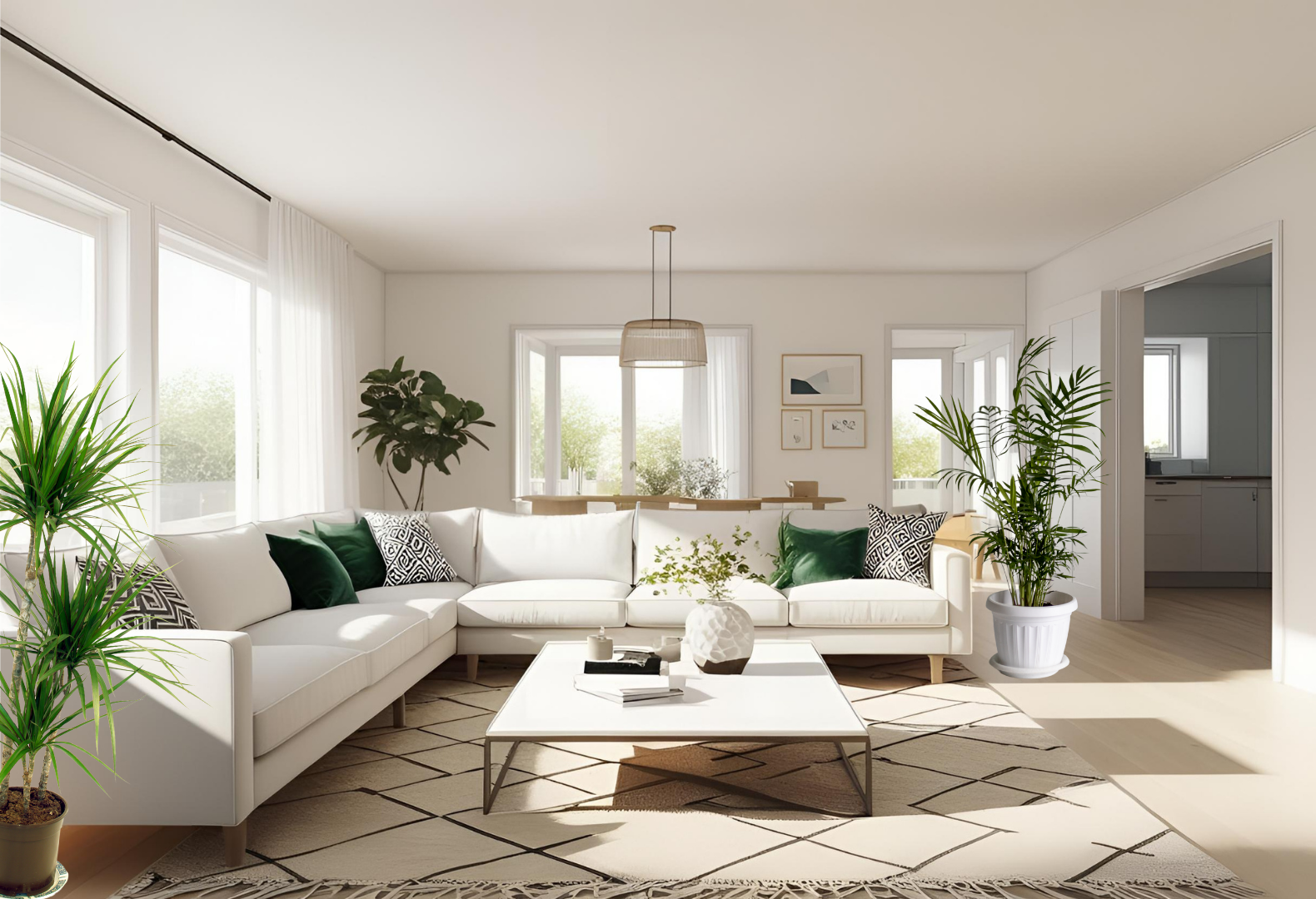Chic Modern Living Room with Dracaena Marginata Beside Sofa Modern living room with Dracaena Marginata plant beside the sofa