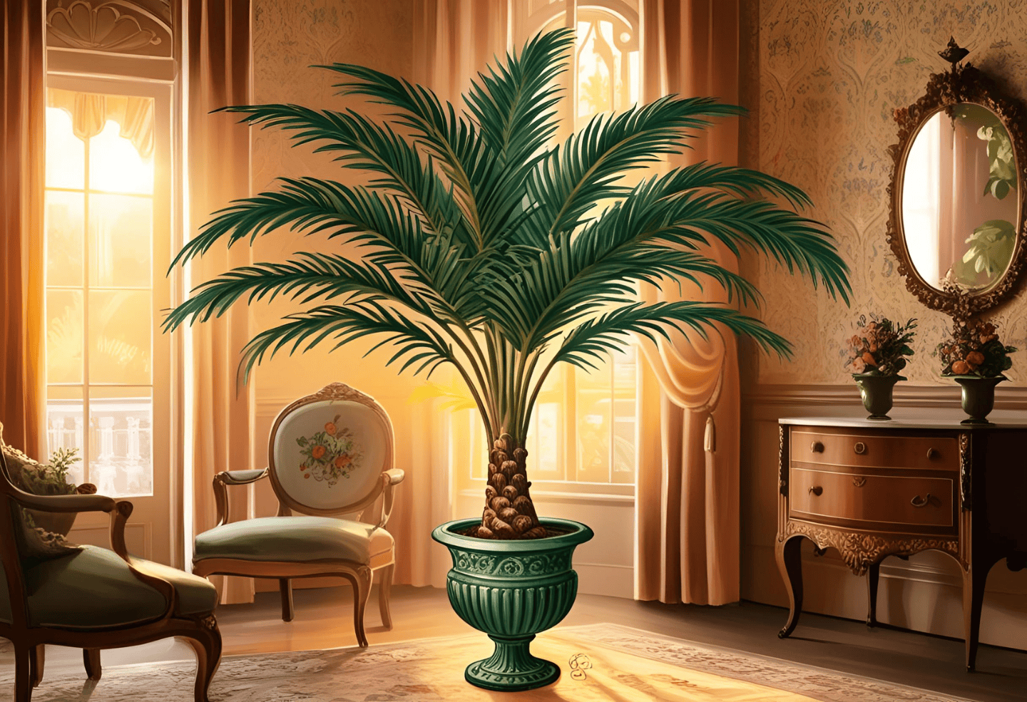 Styled Victorian Interior Featuring Parlor Palm (Illustrative) Illustrative image of a Parlor Palm used as decor in a vintage Victorian-style interior