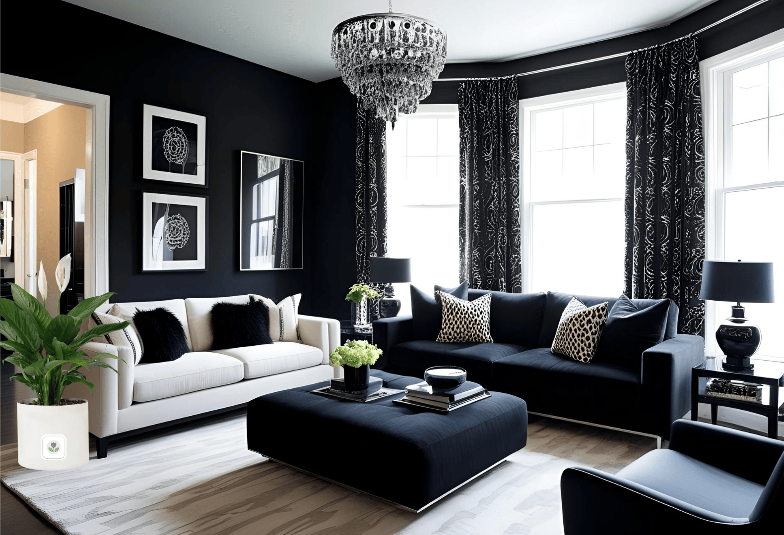 Trendy Black Office with Peace Lily and Plant App Icons Peace Lily plant beside the couch in a black and white themed room.