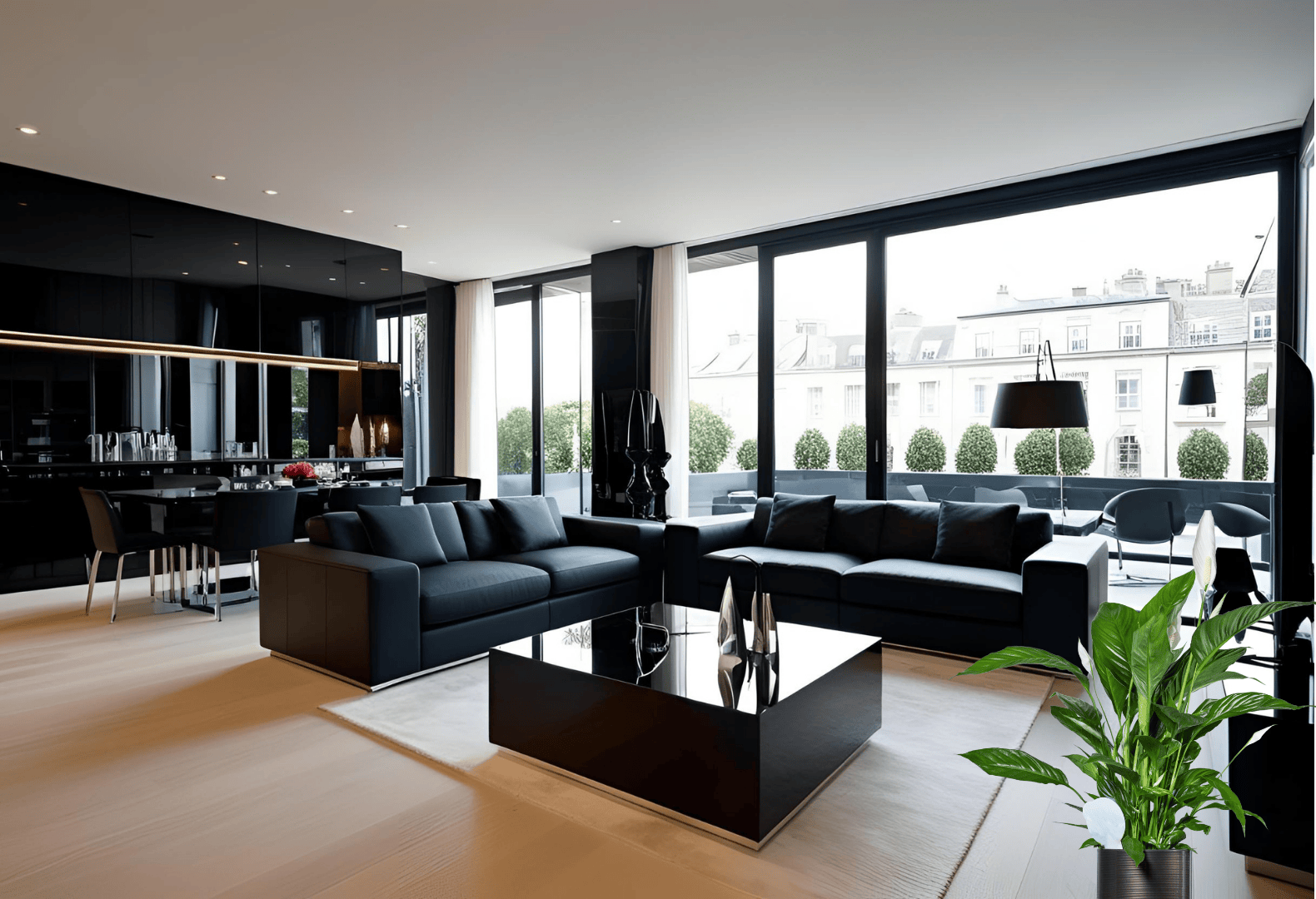 Black-Themed Living Room with Peace Lily in the Corner Black-themed living room with good lighting and a Peace Lily plant in the bottom right corner.