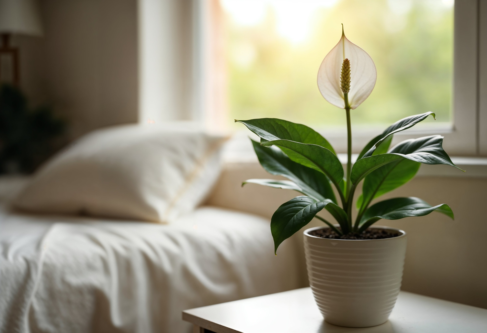 Peace Lily on Coffee Table in Bedroom with Natural Light Peace Lily plant on a coffee table in a bedroom, with natural light coming through the window, simple design.