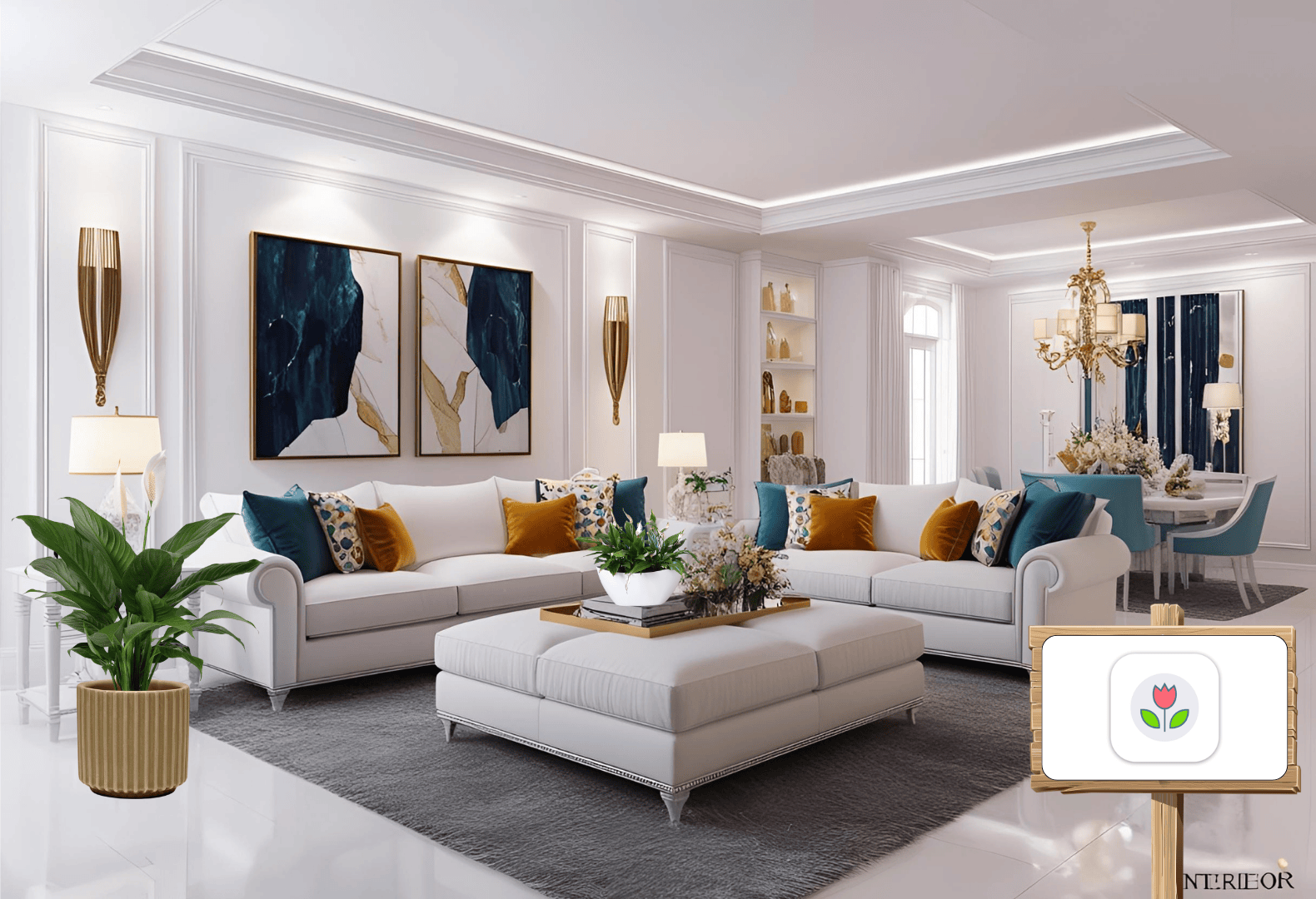 Stylish Ultra-Modern Living Room with Peace Lily and Plant App Logo Ultra-modern living room in cream, white, and gold tones with a Peace Lily plant beside the couch, featuring Plant App mobile app logo.