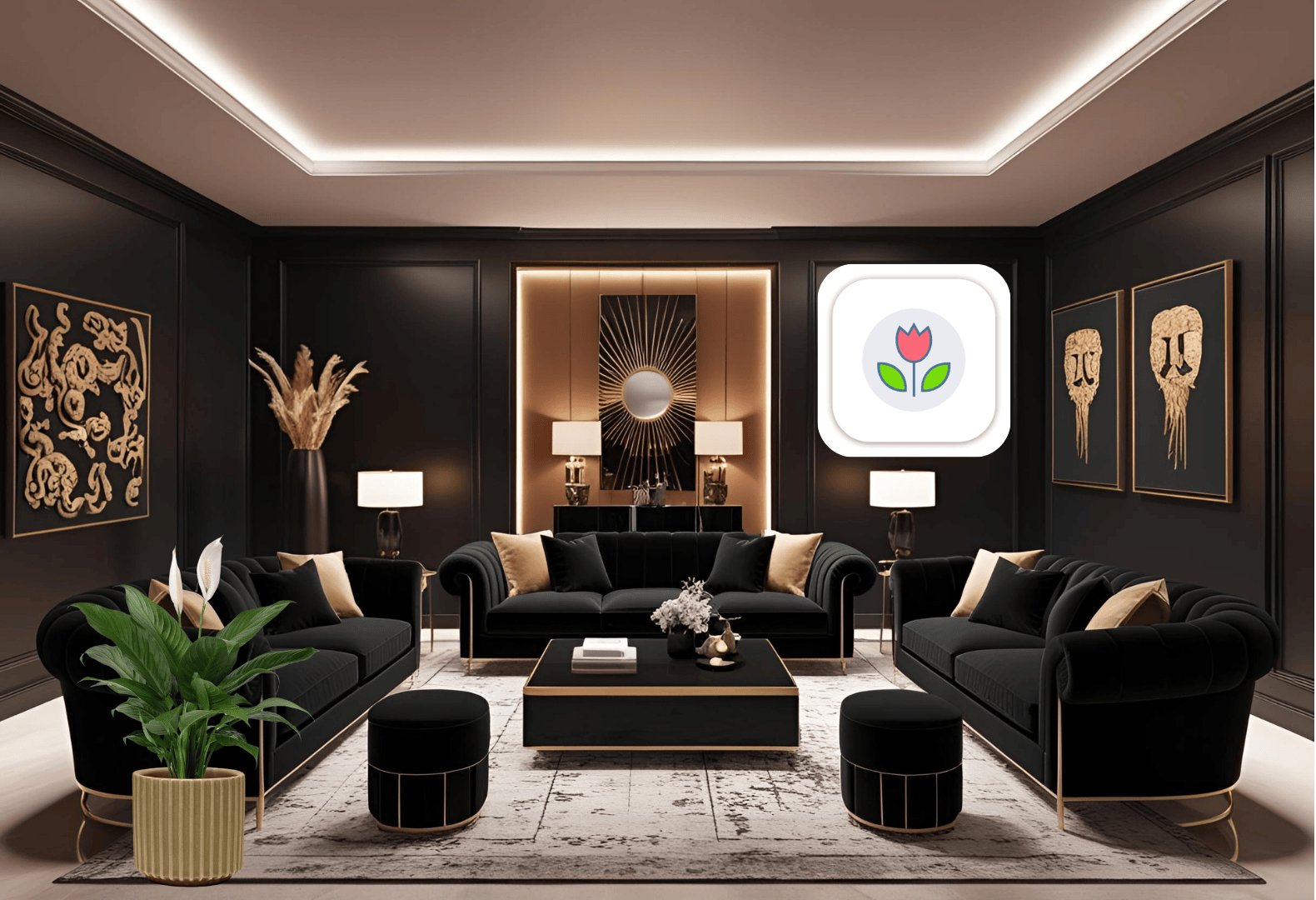 Trendy Black Office with Peace Lily and Plant App Icons Modern black-themed office with a Peace Lily plant next to the couch, walls displaying Plant App mobile app icons.