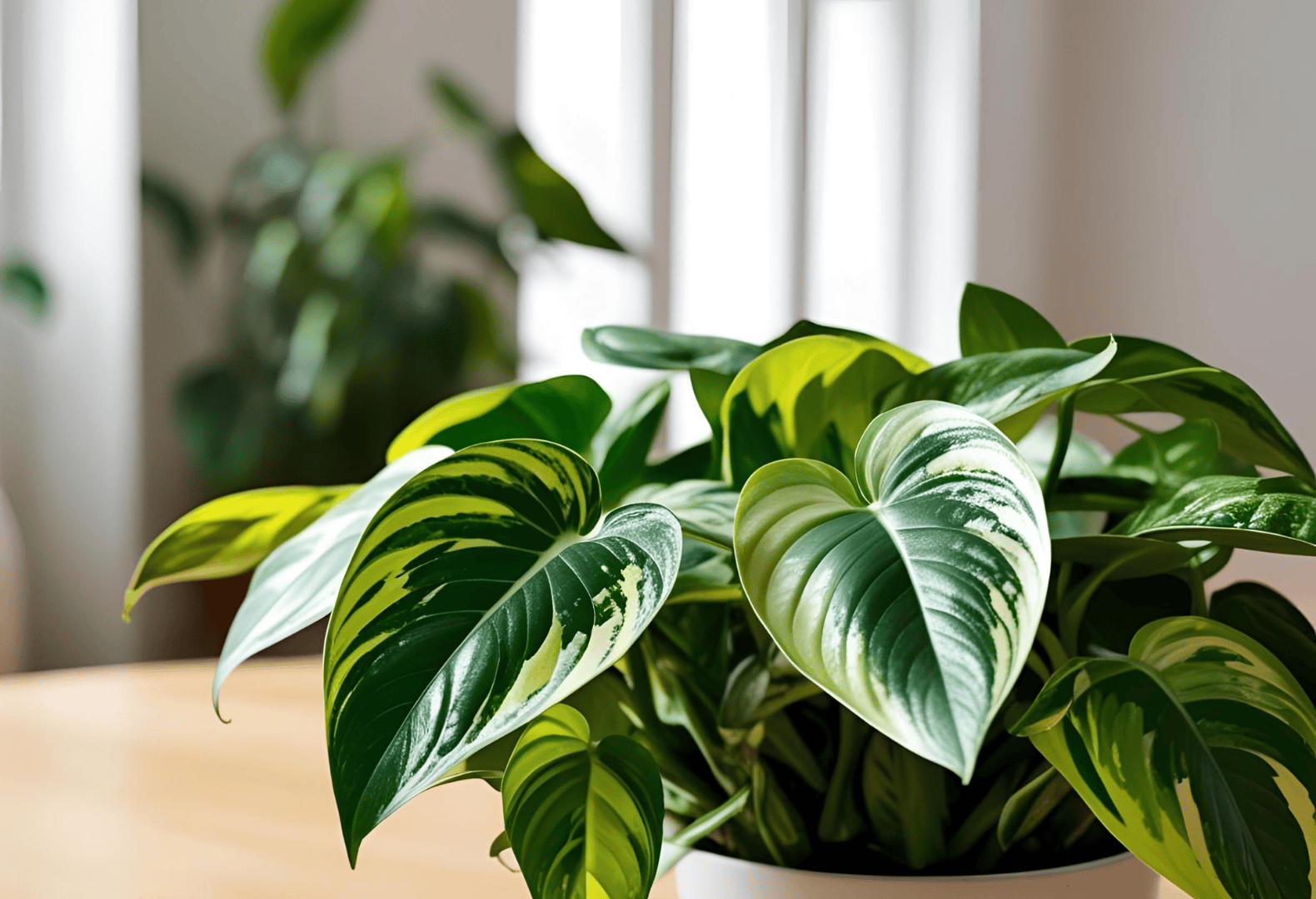 Tabletop Pothos in Full Health Pothos plant on a table with vibrant, detailed leaves.