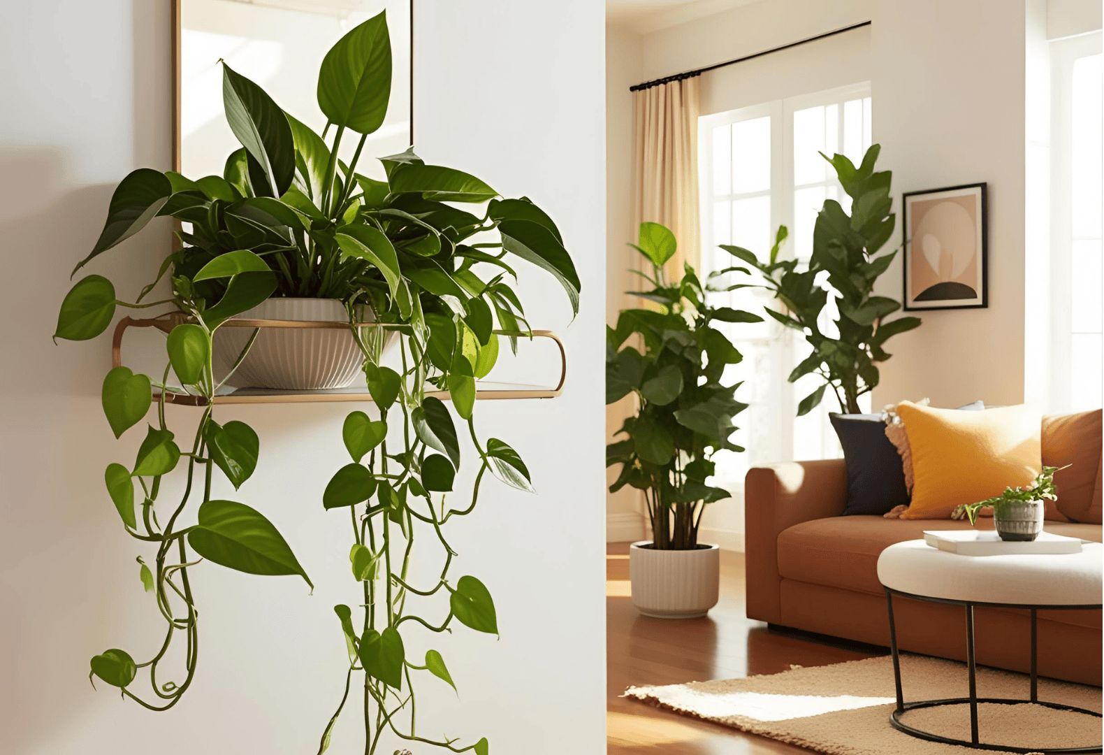 Wall-Mounted Pothos Elegance Pothos plant in a pot hanging downward from a wall-mounted stand.
