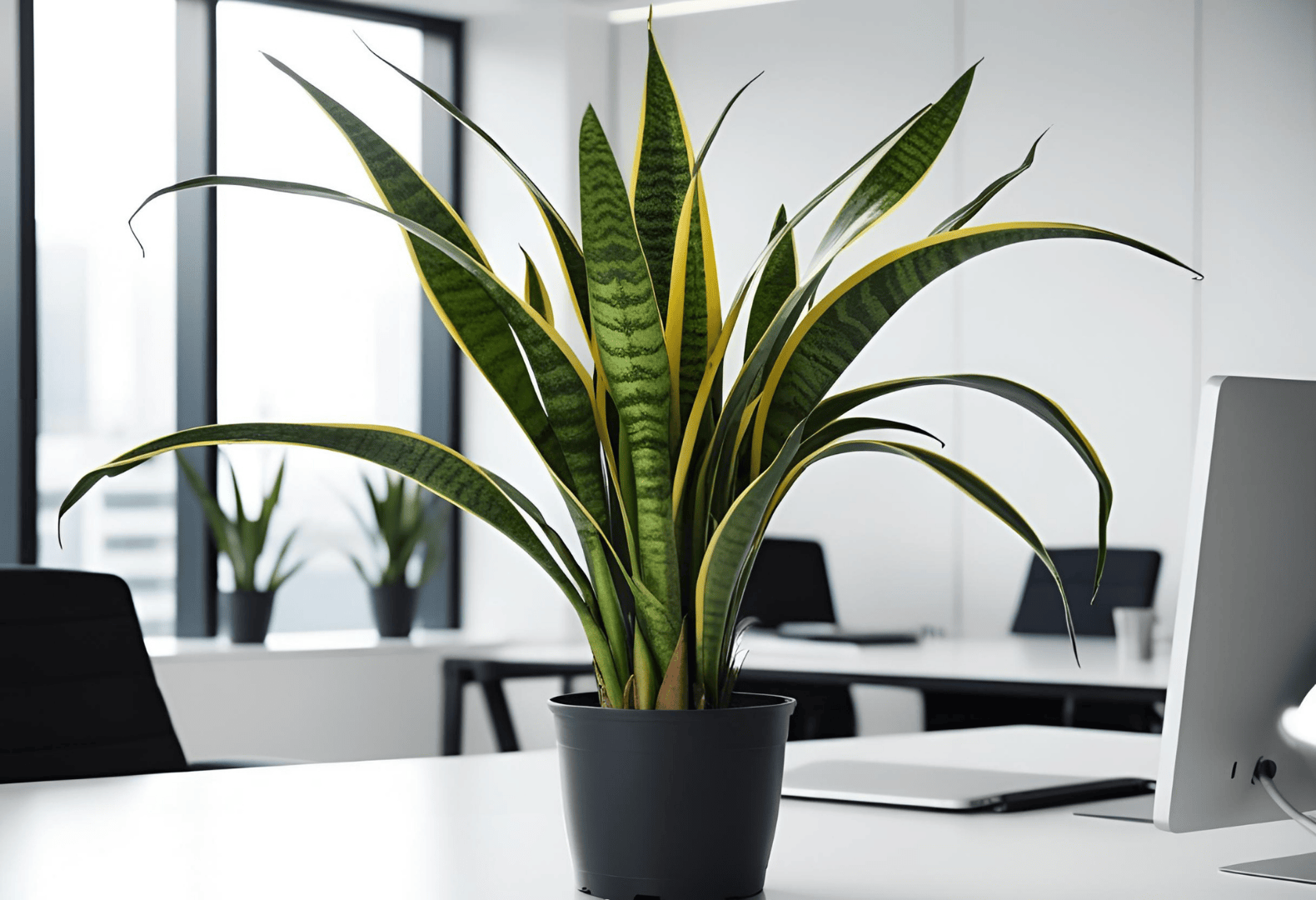 Snake Plant on Office Desk A Snake Plant on a desk in an office, adding a modern, aesthetic touch.