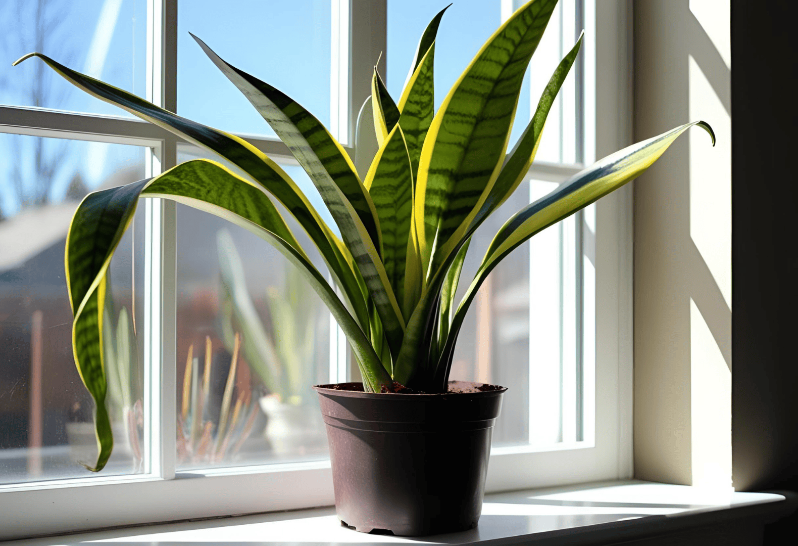 Healthy Snake Plant by the Window A healthy Snake Plant in a brown pot placed by a window indoors.