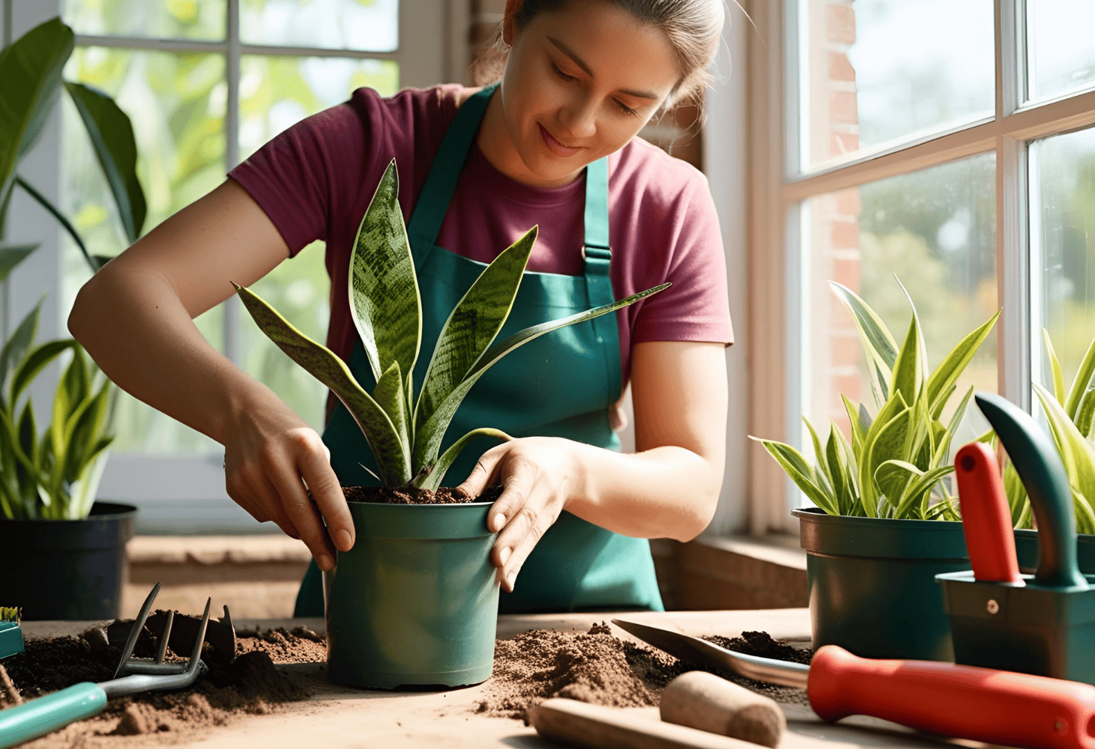 Repotting a Snake Plant A woman repotting a Snake Plant using tools on a table.