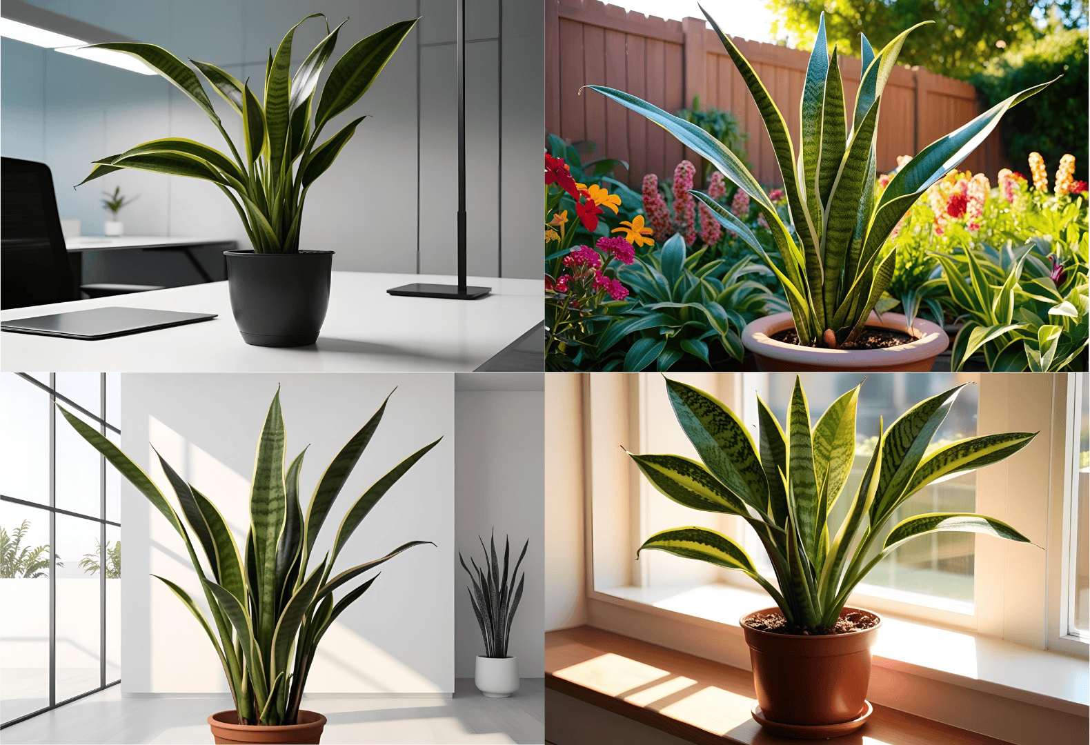 Snake Plant Adapting to Various Light Conditions A collage of four images showing a Snake Plant thriving under different light conditions.