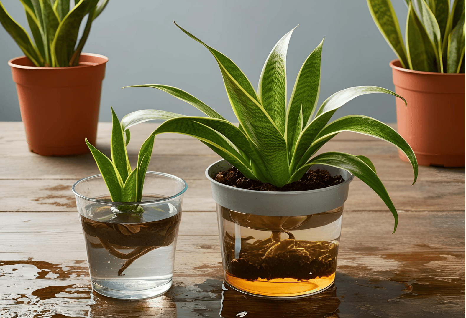 Four Snake Plants on a Table Four Snake Plants on a table, with two in the front, one large and one small, the small one being a mini plant propagated in water.