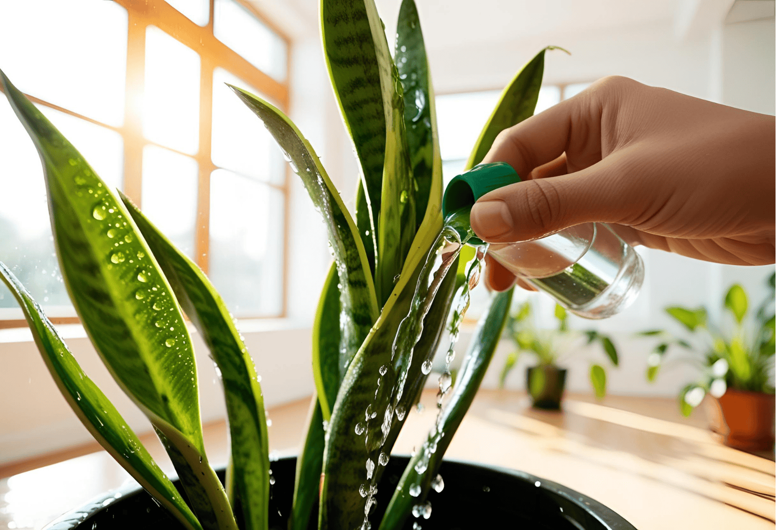 Watering the Snake Plant A person watering a Snake Plant indoors.