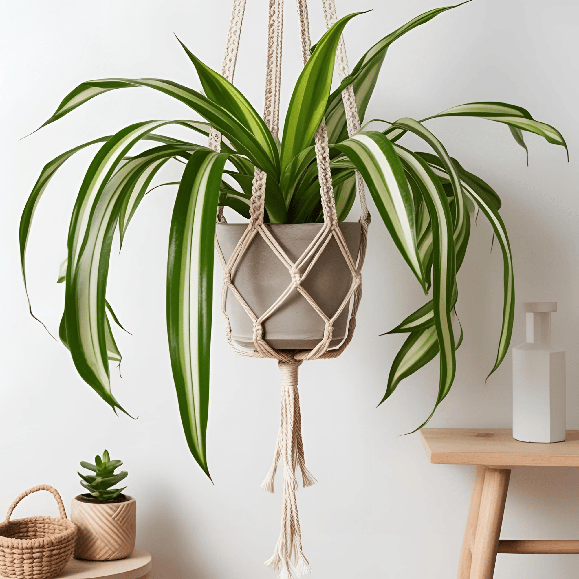 Green Touch to the Workspace: Spider Plant A Spider Plant hanging in a stylish macrame planter, placed indoors with a table and other decorative elements around it.