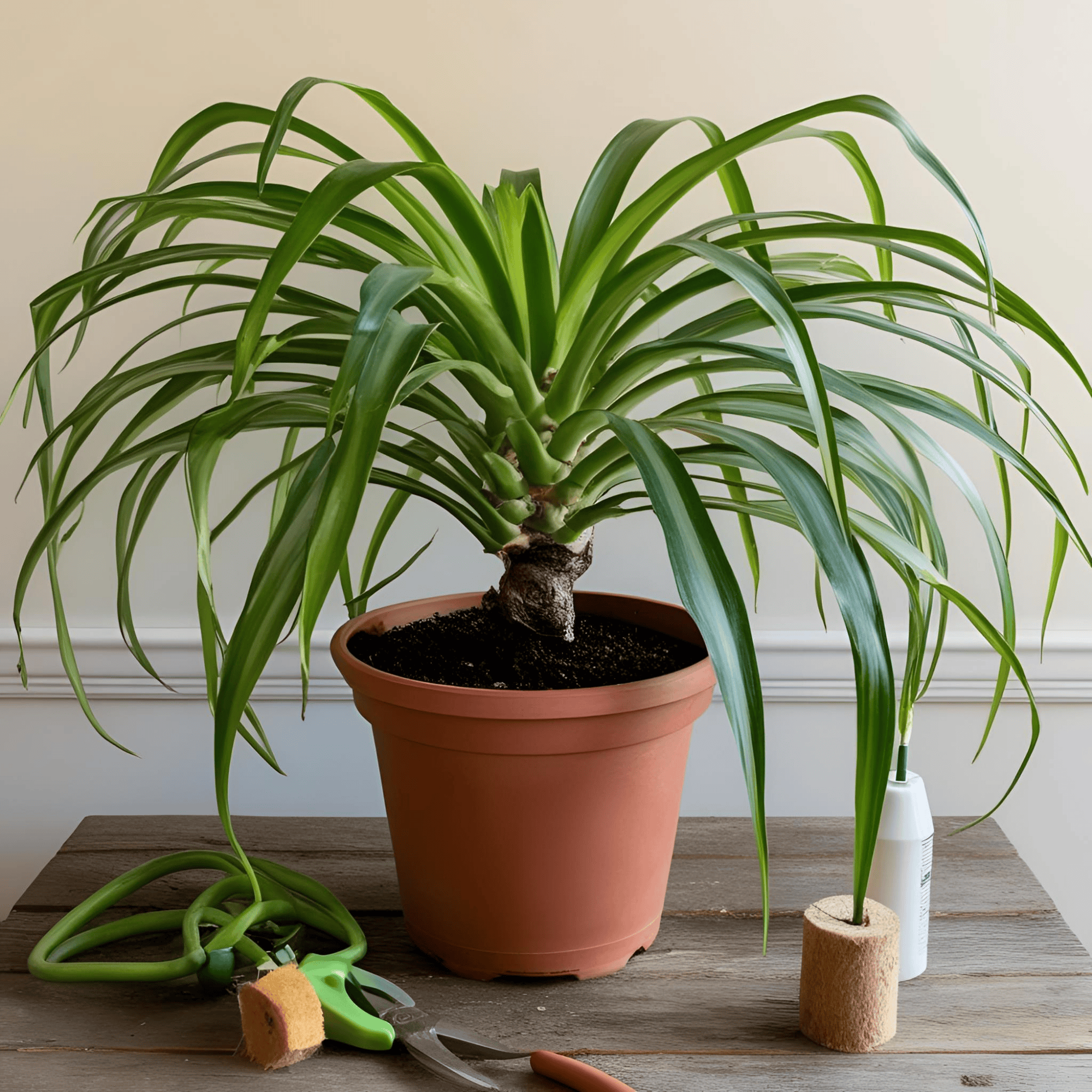 Time for a Trim: Spider Plant Maintenance A Spider Plant on a table indoors, surrounded by pruning scissors and gardening tools, ready for a trim.